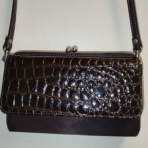 Dark Brown Nylon & Faux Leather Crock Design Crossbody Wallet / Clutch